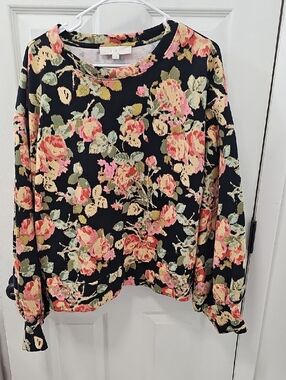 LOFT Black Crewneck Sweatshirt with Pink & Green Floral Print